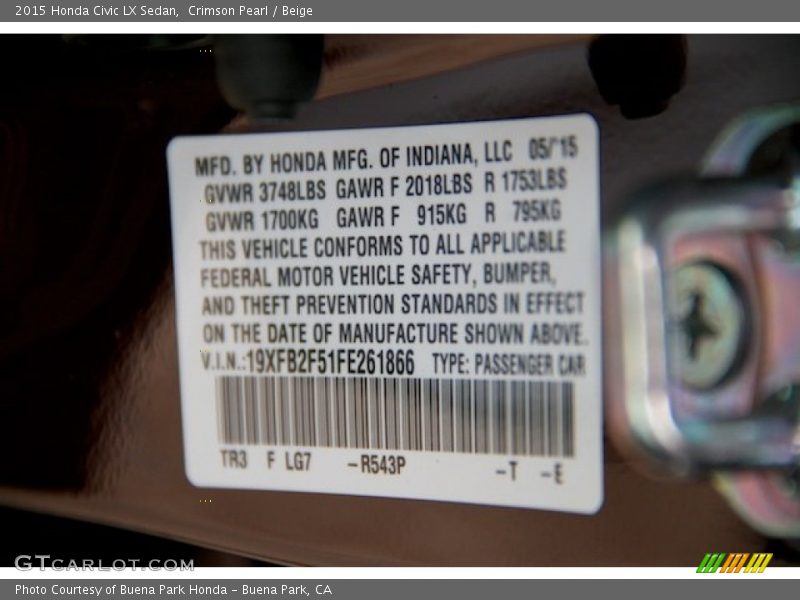 Crimson Pearl / Beige 2015 Honda Civic LX Sedan