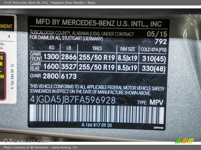 Paladium Silver Metallic / Black 2015 Mercedes-Benz ML 350