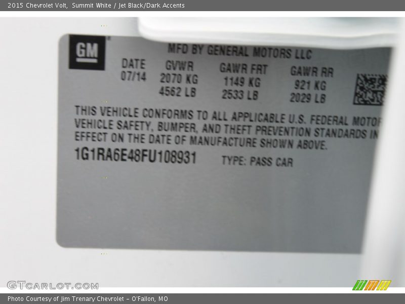Summit White / Jet Black/Dark Accents 2015 Chevrolet Volt