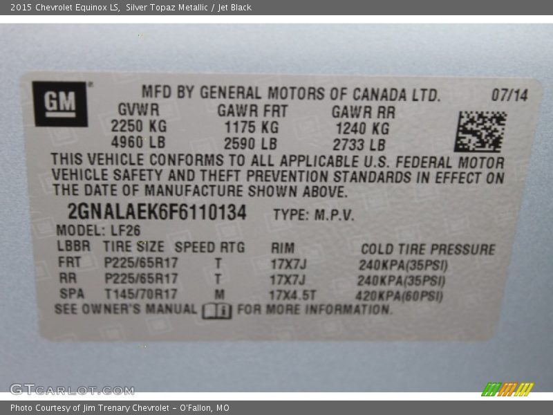 Silver Topaz Metallic / Jet Black 2015 Chevrolet Equinox LS