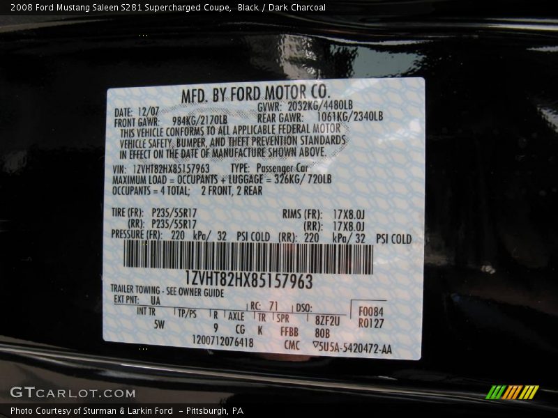Black / Dark Charcoal 2008 Ford Mustang Saleen S281 Supercharged Coupe