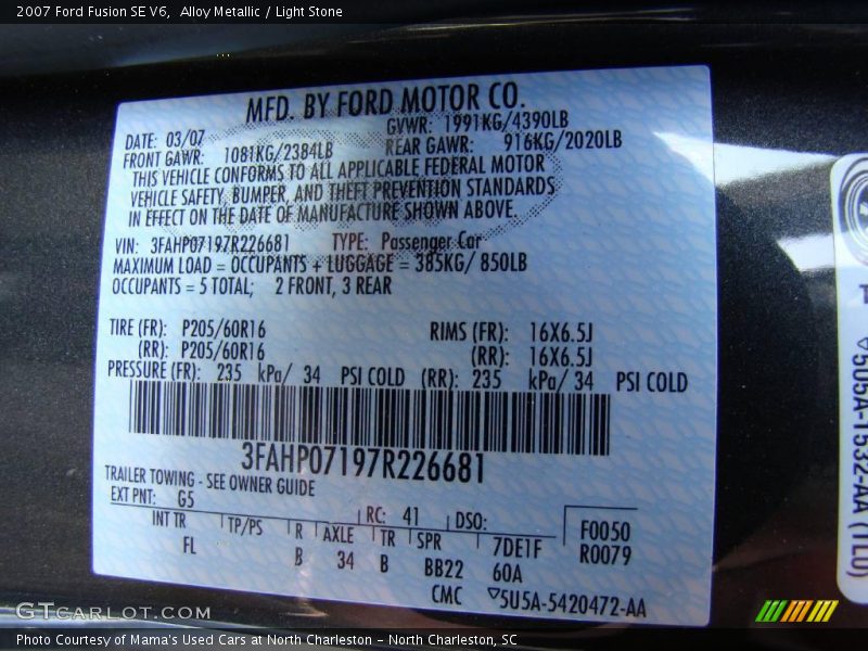 Alloy Metallic / Light Stone 2007 Ford Fusion SE V6