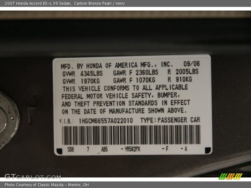 Carbon Bronze Pearl / Ivory 2007 Honda Accord EX-L V6 Sedan