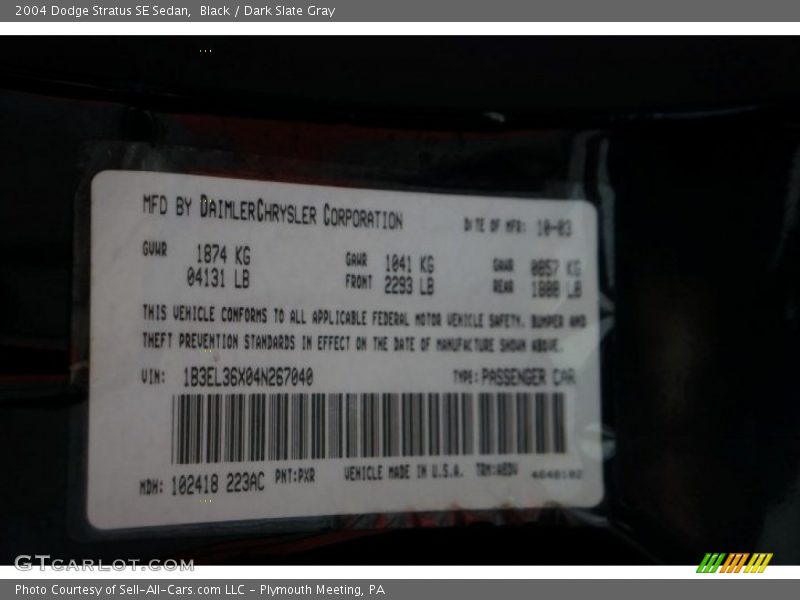 Black / Dark Slate Gray 2004 Dodge Stratus SE Sedan
