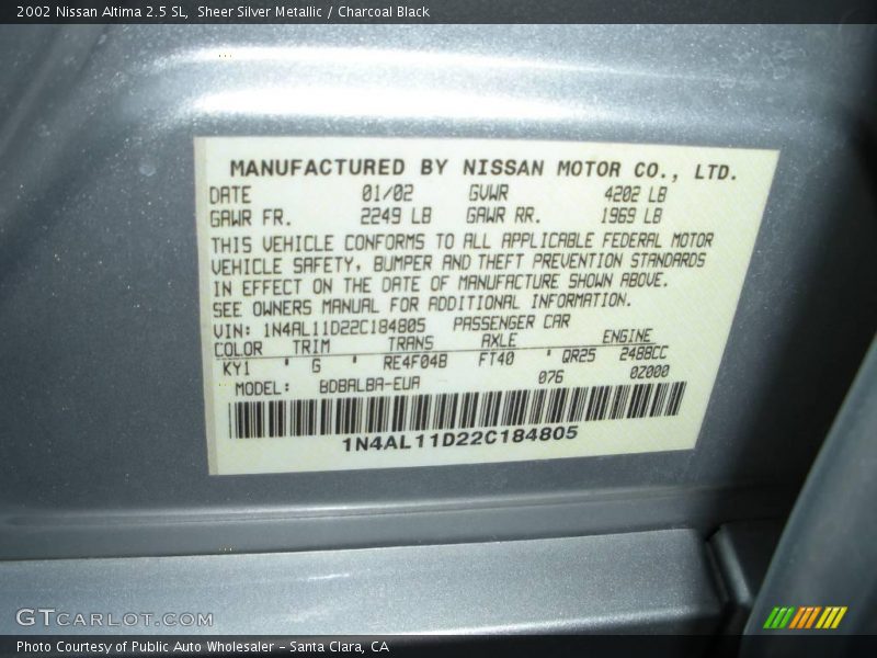 Sheer Silver Metallic / Charcoal Black 2002 Nissan Altima 2.5 SL