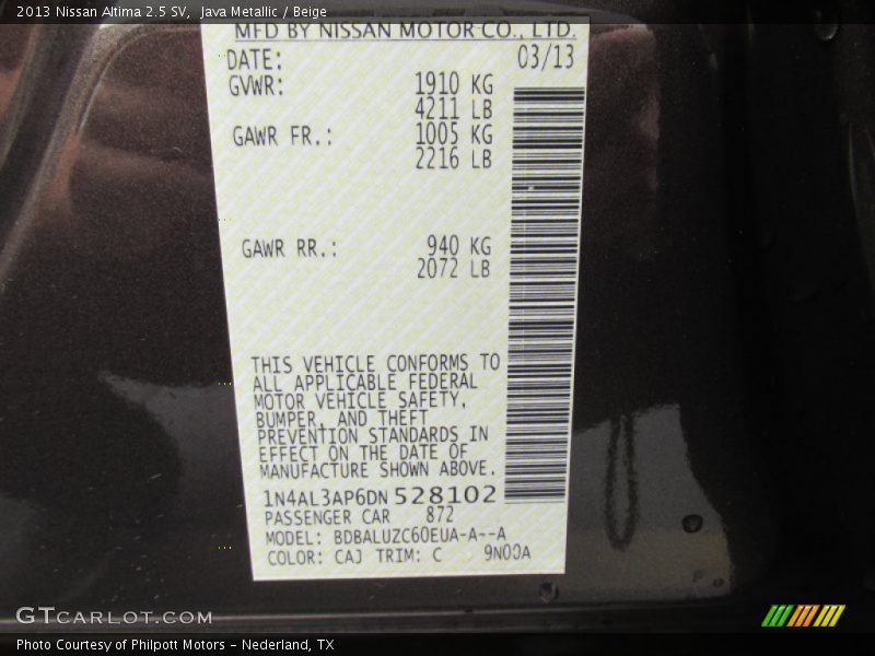 Java Metallic / Beige 2013 Nissan Altima 2.5 SV