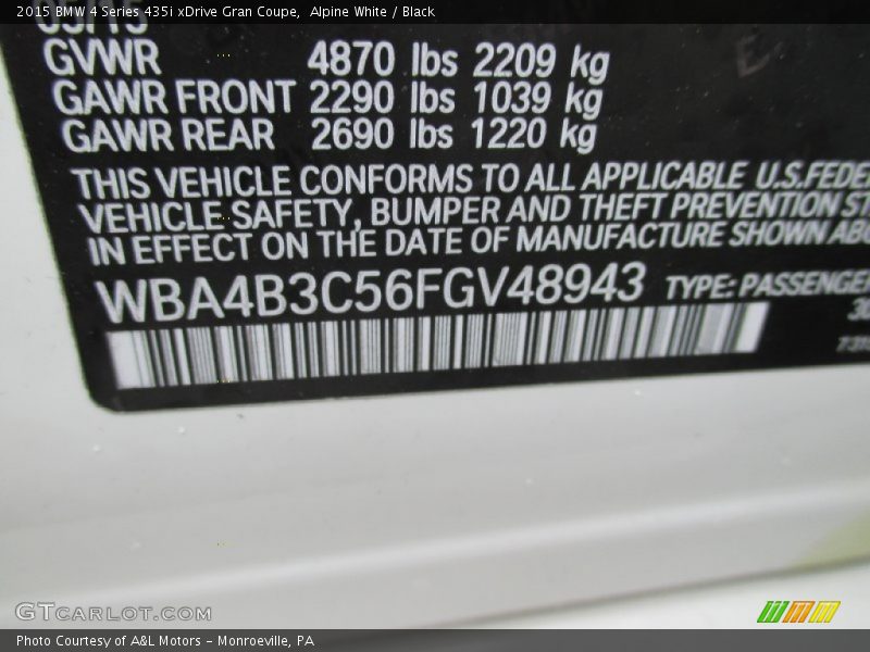 Alpine White / Black 2015 BMW 4 Series 435i xDrive Gran Coupe