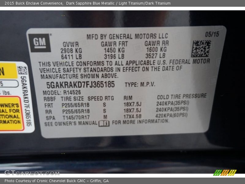 Dark Sapphire Blue Metallic / Light Titanium/Dark Titanium 2015 Buick Enclave Convenience