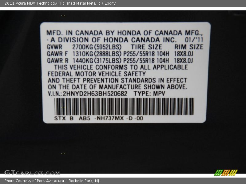 Polished Metal Metallic / Ebony 2011 Acura MDX Technology