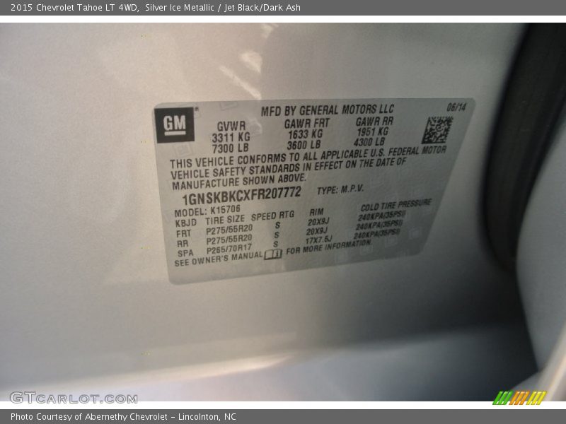 Silver Ice Metallic / Jet Black/Dark Ash 2015 Chevrolet Tahoe LT 4WD