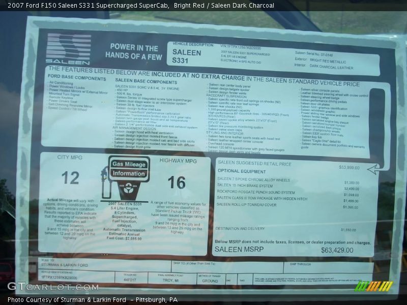  2007 F150 Saleen S331 Supercharged SuperCab Window Sticker