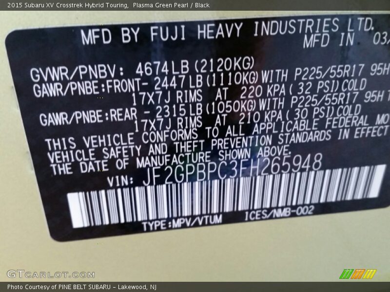 Plasma Green Pearl / Black 2015 Subaru XV Crosstrek Hybrid Touring