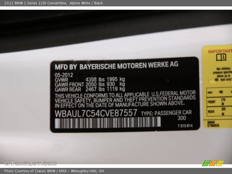 Alpine White / Black 2012 BMW 1 Series 128i Convertible