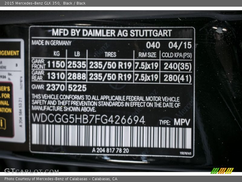 Black / Black 2015 Mercedes-Benz GLK 350