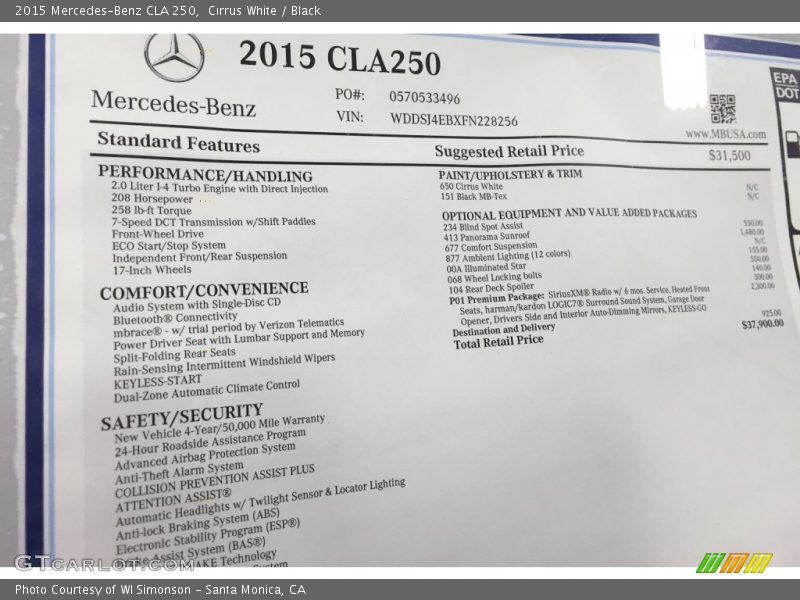 Cirrus White / Black 2015 Mercedes-Benz CLA 250