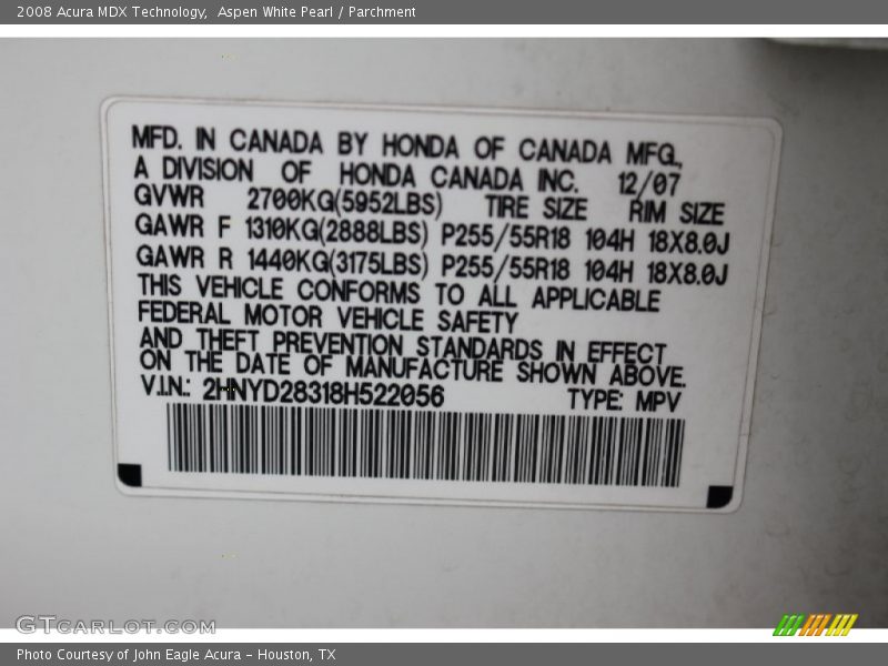 Aspen White Pearl / Parchment 2008 Acura MDX Technology