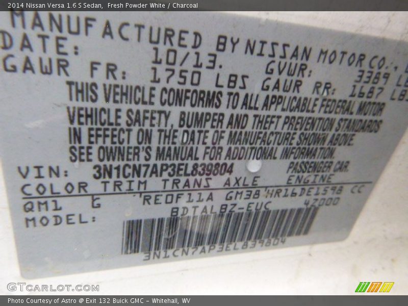 Fresh Powder White / Charcoal 2014 Nissan Versa 1.6 S Sedan