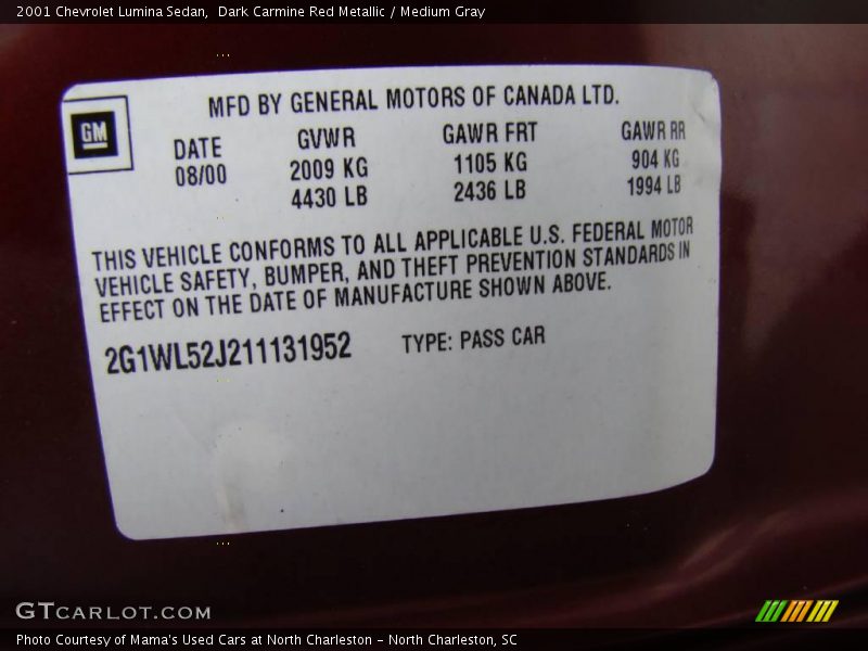 Dark Carmine Red Metallic / Medium Gray 2001 Chevrolet Lumina Sedan