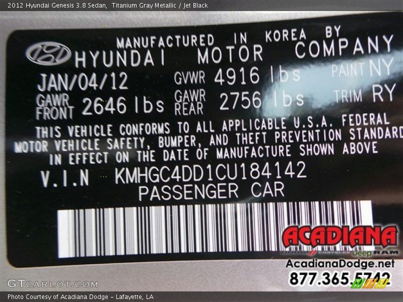 Titanium Gray Metallic / Jet Black 2012 Hyundai Genesis 3.8 Sedan