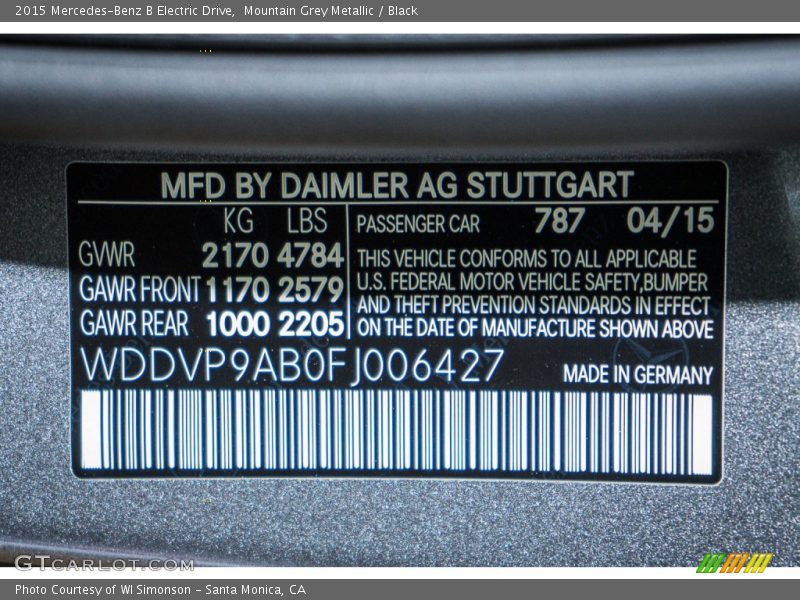Mountain Grey Metallic / Black 2015 Mercedes-Benz B Electric Drive
