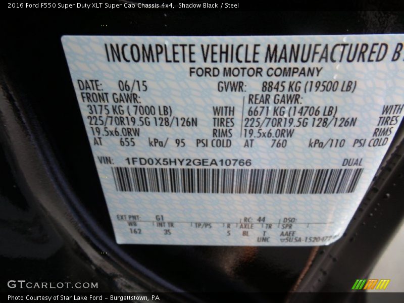 2016 F550 Super Duty XLT Super Cab Chassis 4x4 Shadow Black Color Code G1