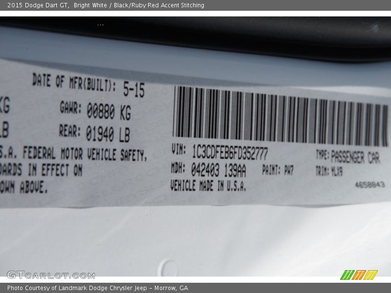 Bright White / Black/Ruby Red Accent Stitching 2015 Dodge Dart GT