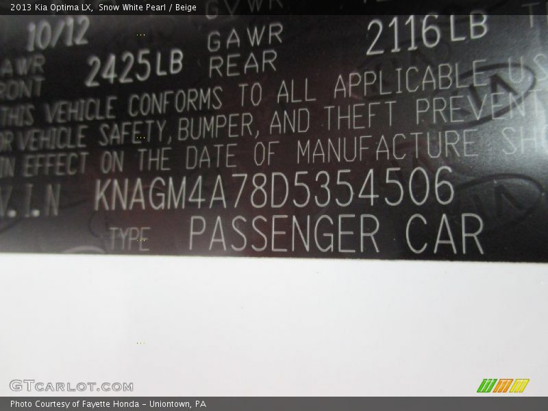 Snow White Pearl / Beige 2013 Kia Optima LX