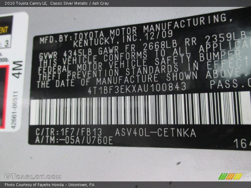 Classic Silver Metallic / Ash Gray 2010 Toyota Camry LE