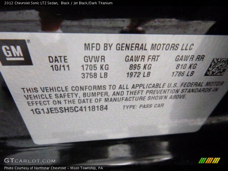 Black / Jet Black/Dark Titanium 2012 Chevrolet Sonic LTZ Sedan