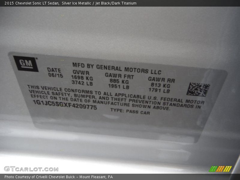 Silver Ice Metallic / Jet Black/Dark Titanium 2015 Chevrolet Sonic LT Sedan