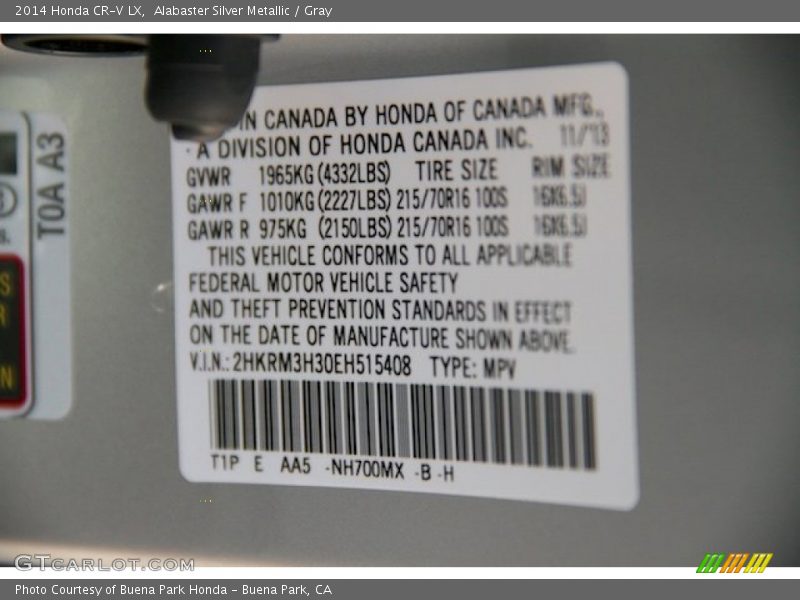 Alabaster Silver Metallic / Gray 2014 Honda CR-V LX