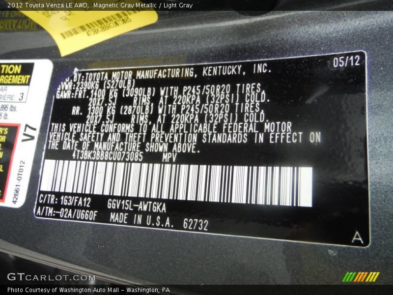 Magnetic Gray Metallic / Light Gray 2012 Toyota Venza LE AWD