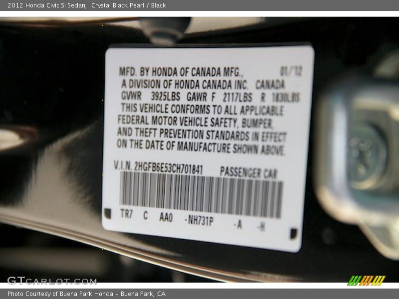 Crystal Black Pearl / Black 2012 Honda Civic Si Sedan