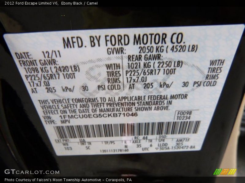 Ebony Black / Camel 2012 Ford Escape Limited V6