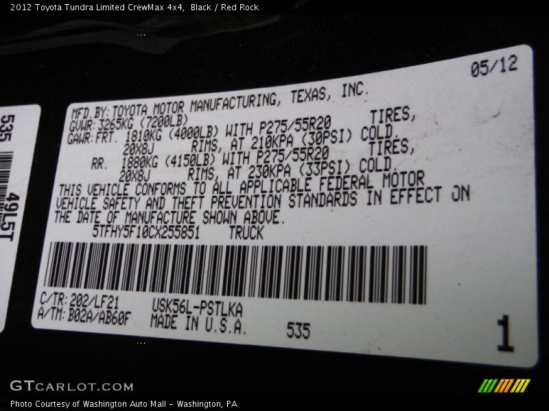 Black / Red Rock 2012 Toyota Tundra Limited CrewMax 4x4