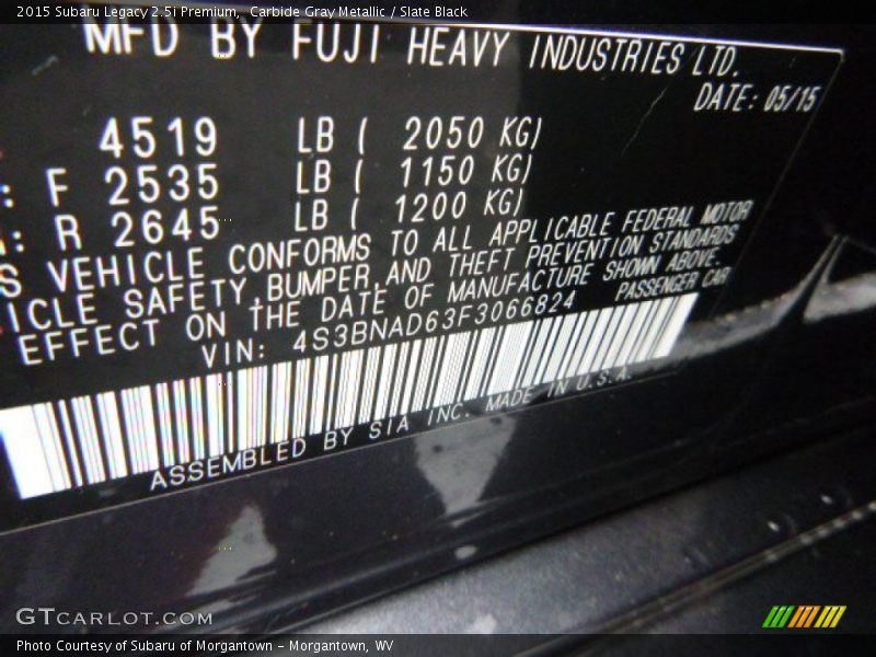 Carbide Gray Metallic / Slate Black 2015 Subaru Legacy 2.5i Premium