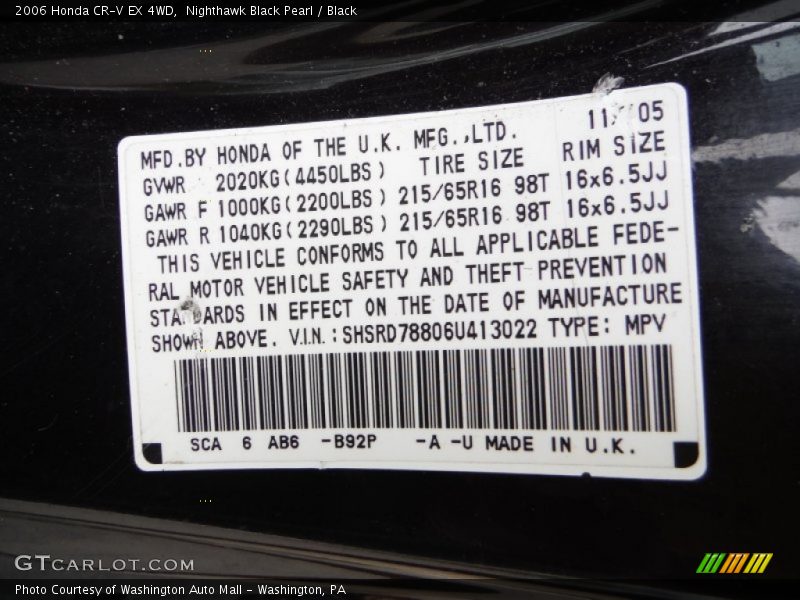 Nighthawk Black Pearl / Black 2006 Honda CR-V EX 4WD