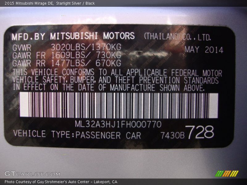 Starlight Silver / Black 2015 Mitsubishi Mirage DE