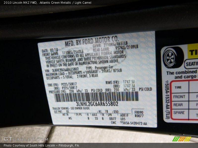 Atlantis Green Metallic / Light Camel 2010 Lincoln MKZ FWD