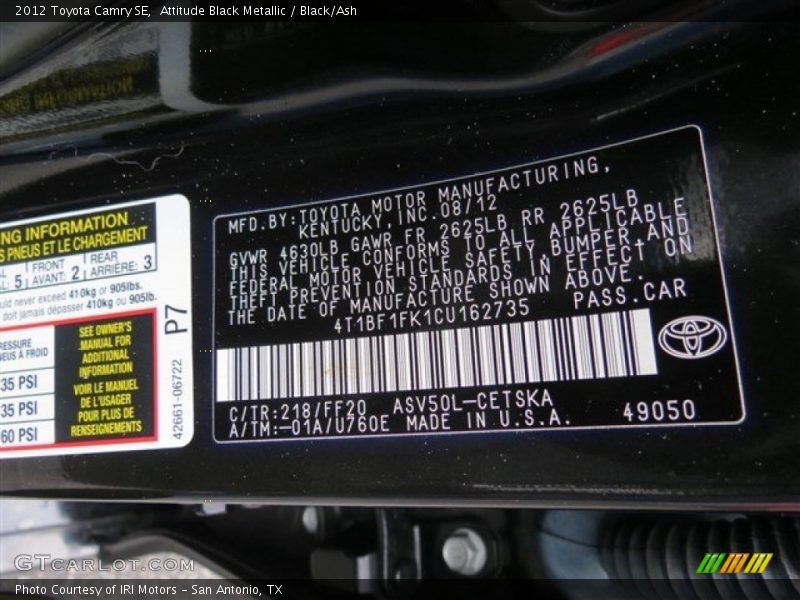 Attitude Black Metallic / Black/Ash 2012 Toyota Camry SE