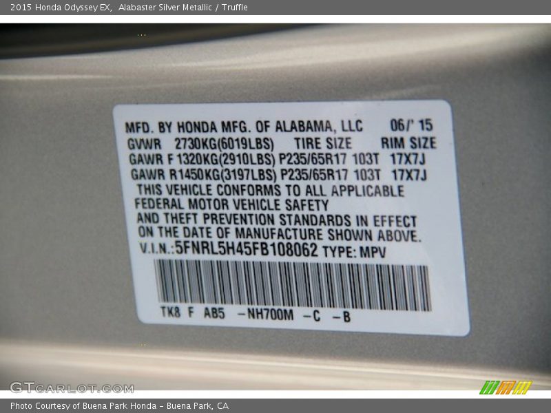 Alabaster Silver Metallic / Truffle 2015 Honda Odyssey EX