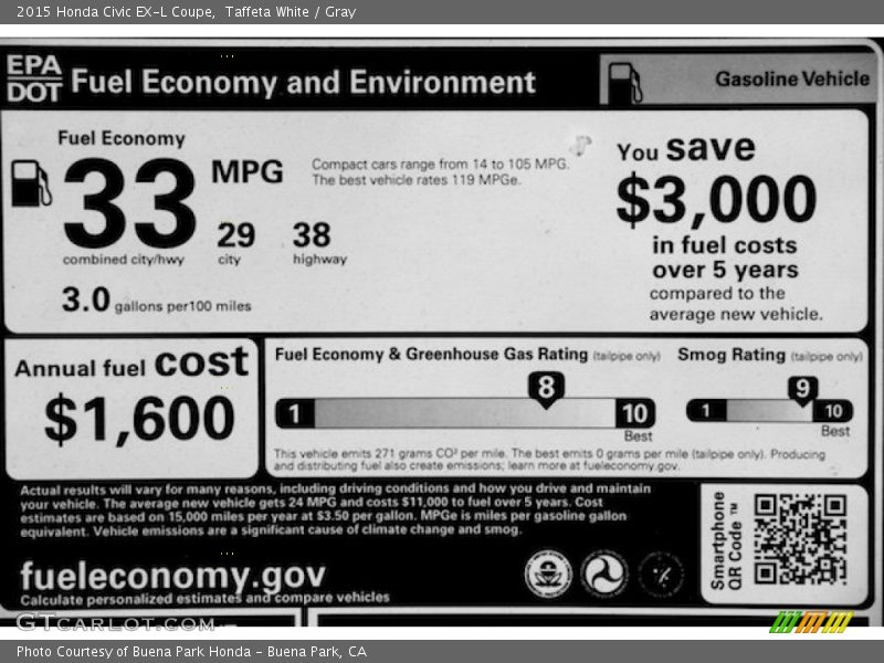 Taffeta White / Gray 2015 Honda Civic EX-L Coupe