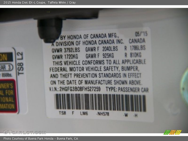 Taffeta White / Gray 2015 Honda Civic EX-L Coupe