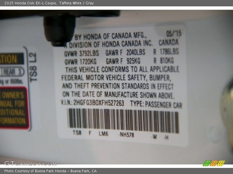 Taffeta White / Gray 2015 Honda Civic EX-L Coupe