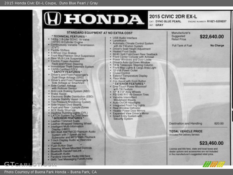 Dyno Blue Pearl / Gray 2015 Honda Civic EX-L Coupe