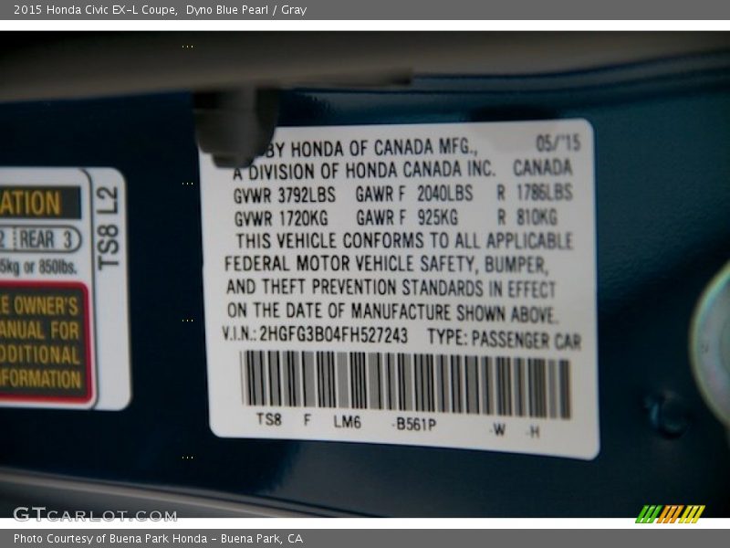 Dyno Blue Pearl / Gray 2015 Honda Civic EX-L Coupe