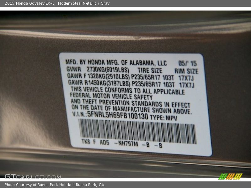 Modern Steel Metallic / Gray 2015 Honda Odyssey EX-L