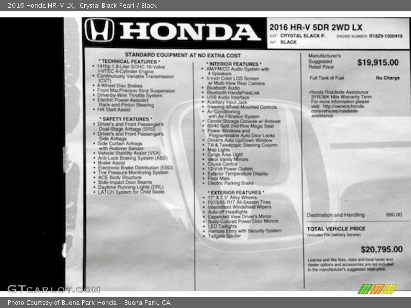 Crystal Black Pearl / Black 2016 Honda HR-V LX