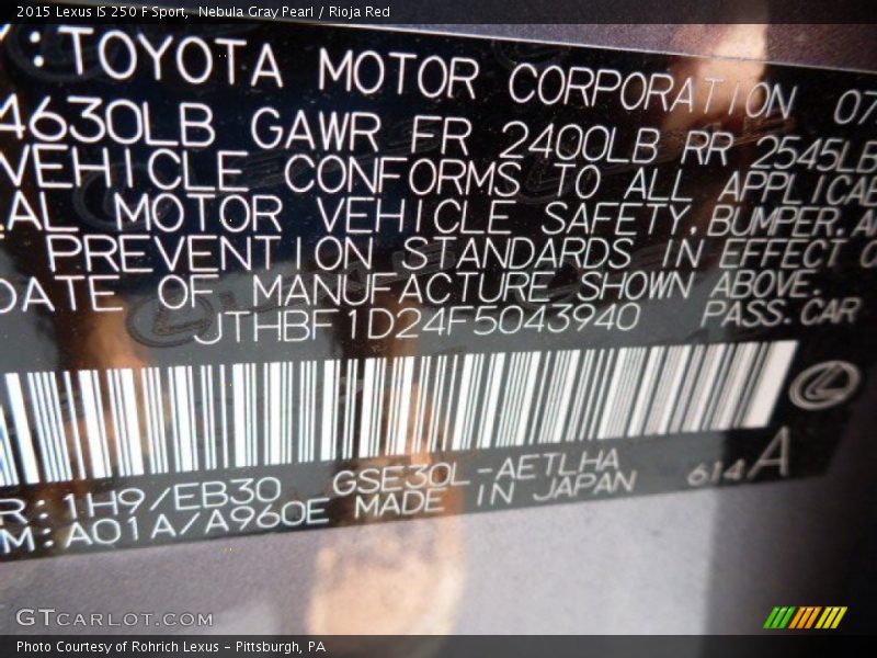 Nebula Gray Pearl / Rioja Red 2015 Lexus IS 250 F Sport