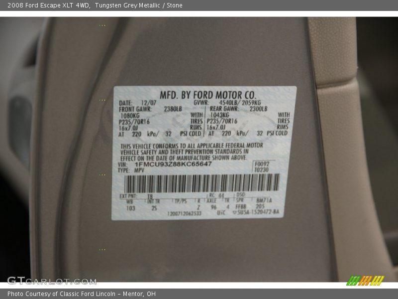 Tungsten Grey Metallic / Stone 2008 Ford Escape XLT 4WD